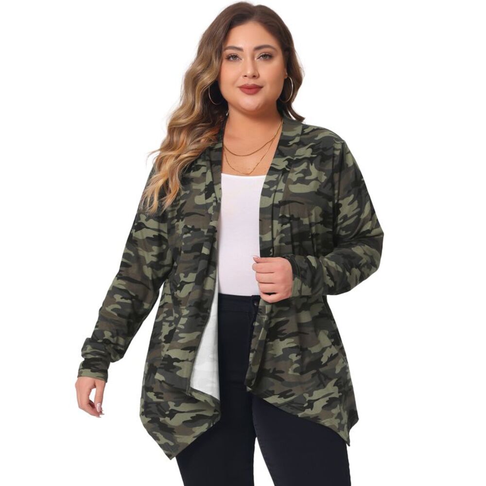 Plus Size Leopard Print Asymmetric Hem Jacket Open Front Cardigans Camouflage